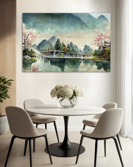Mountain landscape with cherry blossoms