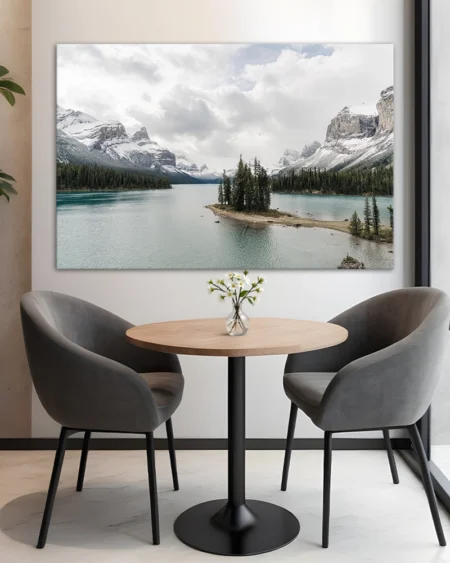 Panoramic landscape with Maligne Lake and Spirit Island