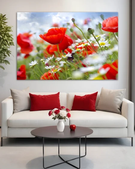 Красные маки и белые ромашки в ярком декоре