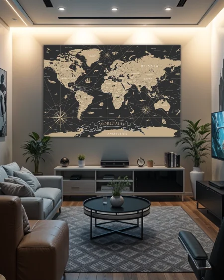 World map with compass accents and marine elements
